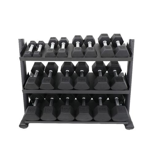 TKO Tri-Grip Rubber Hex Dumbbell 5 to 50lb Set with Rack