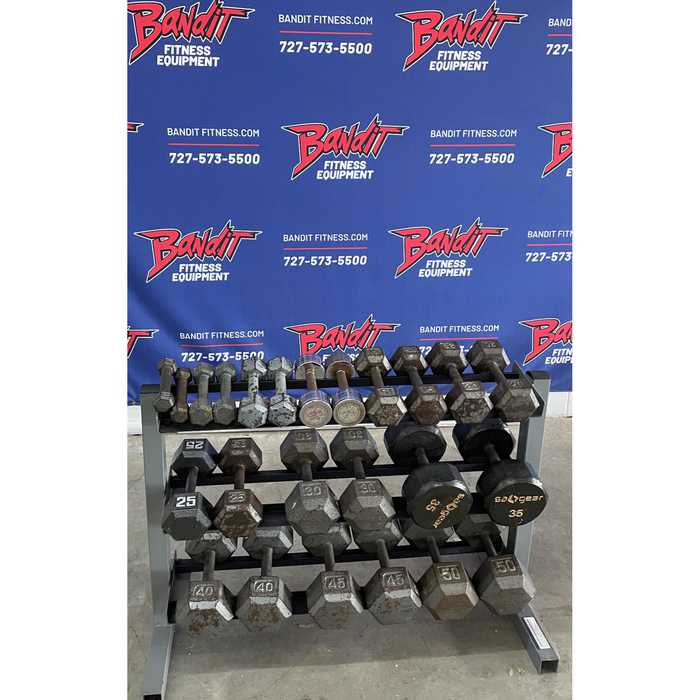 Used Iron 3 to 50lb Dumbbell Set with Bodysolid Dumbbell Rack