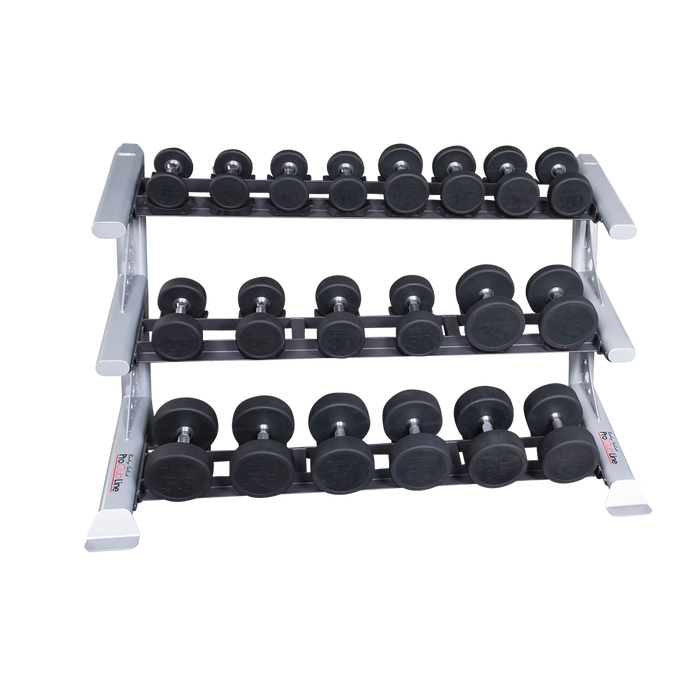 Body-Solid Rubber Round Dumbbells 5 to 50lb with Rack