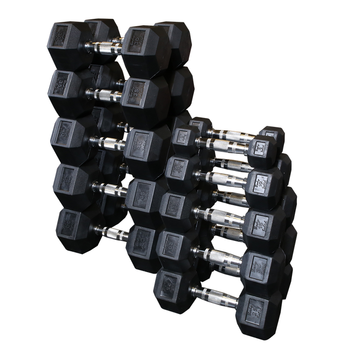 Body-Solid Rubber Hex 5 to 50lb Dumbbell Set with Rack