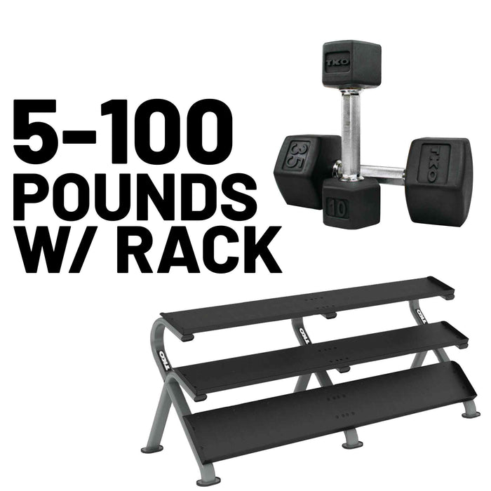 TKO Tri-Grip Rubber Hex Dumbbell Set 5 to 100lbs with Mega Rack
